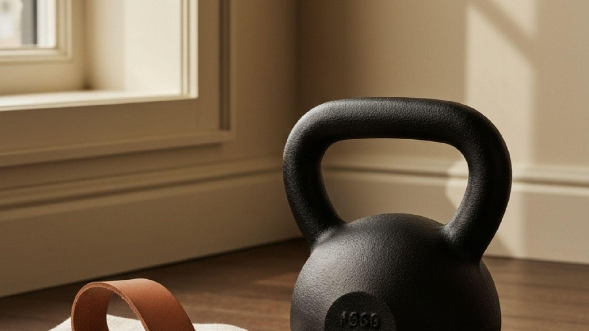 Sort kettlebell på et trægulv med linnedhåndklæde og læderbælte
