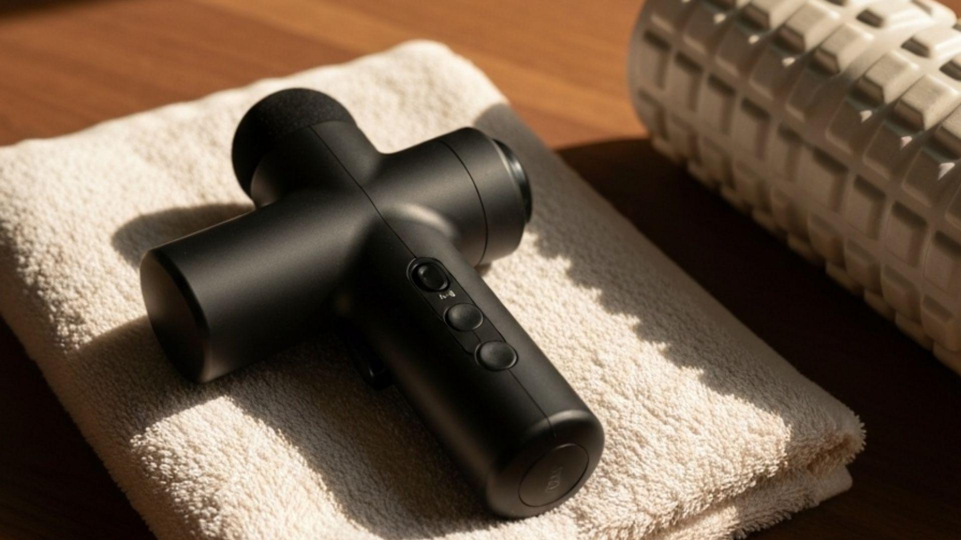 Massagepistol på et linnedhåndklæde ved siden af en foam roller