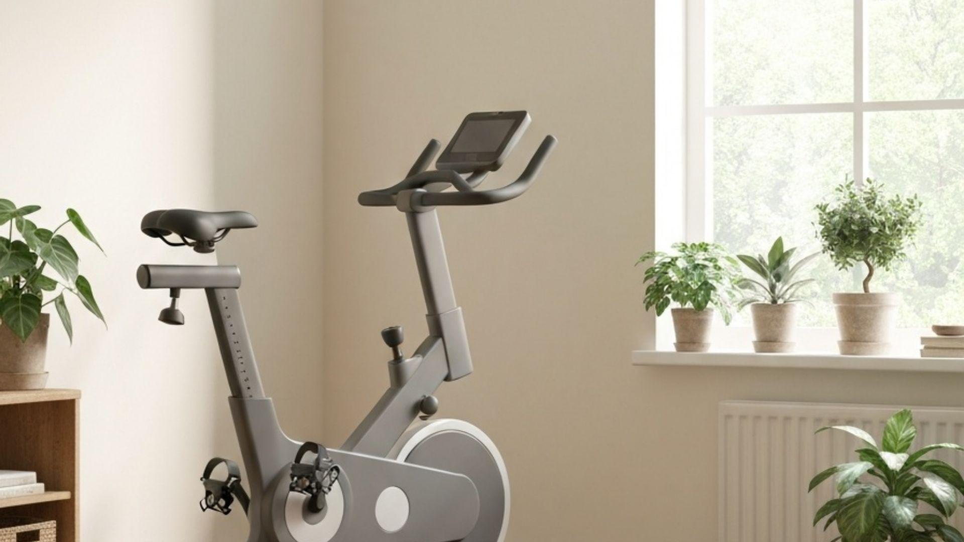 Moderne motionscykel i en lys stue med planter og store vinduer