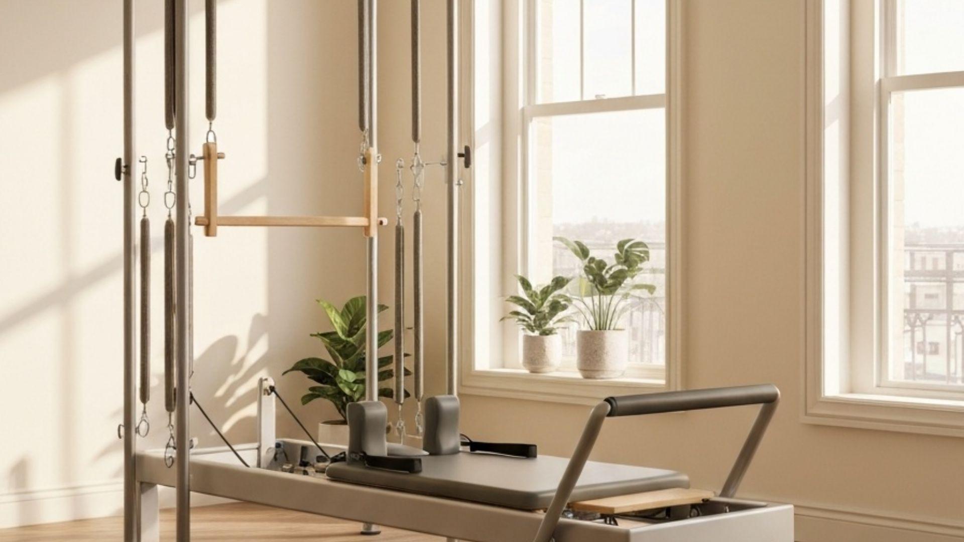 Pilates reformer i lyst minimalistisk studie med store vinduer