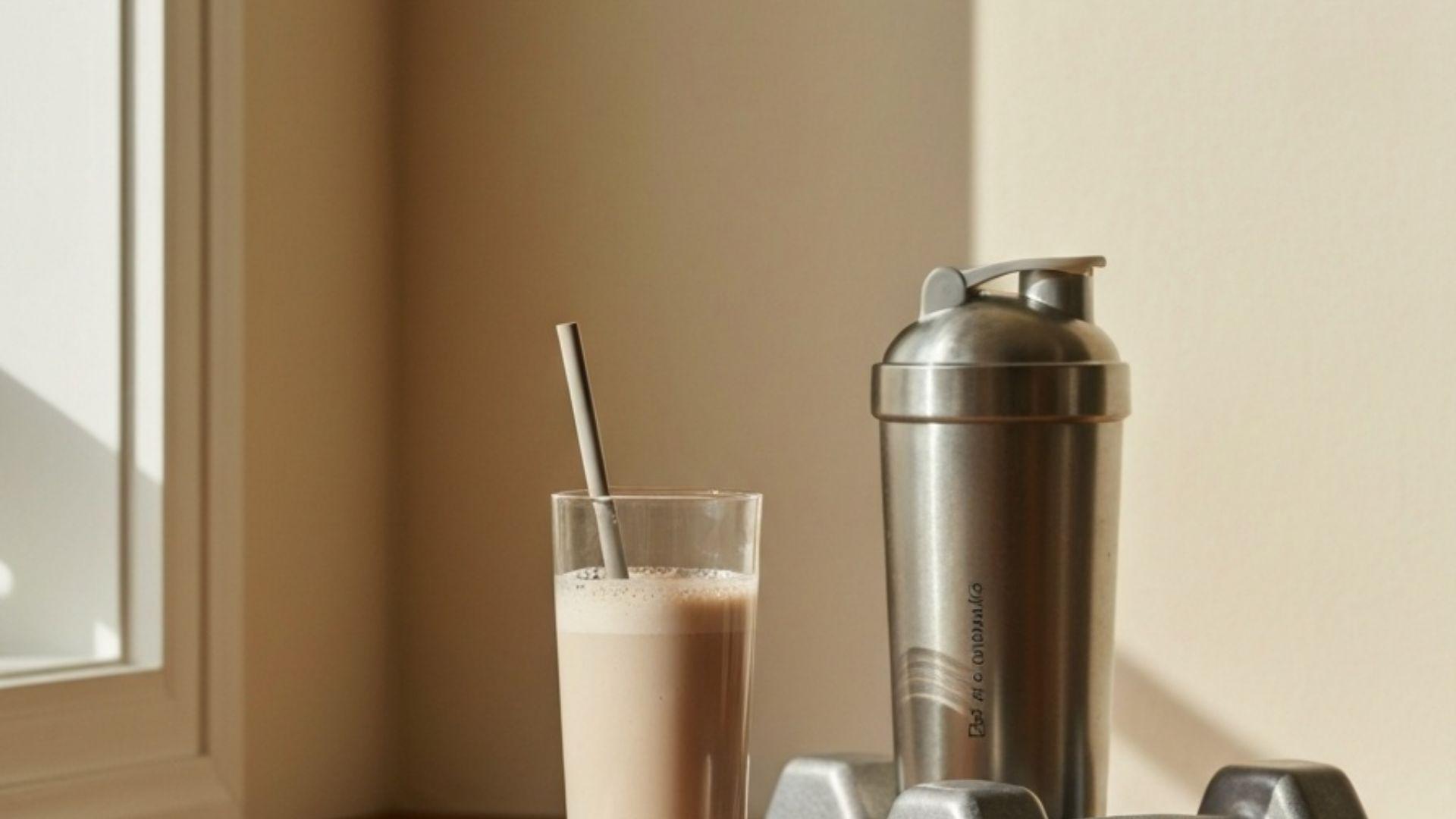 Proteinshake i glas på et trækøkken med shaker og håndvægt
