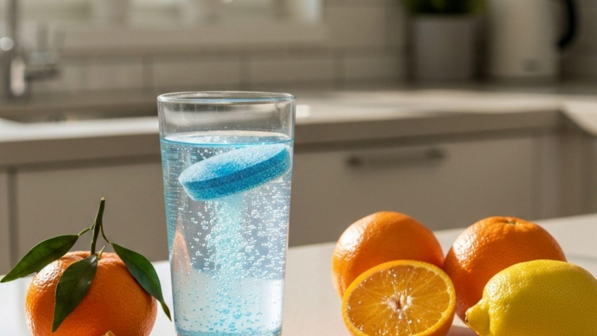 Glas vand med en brusetablet med elektrolytter der opløses på et køkkenbord
