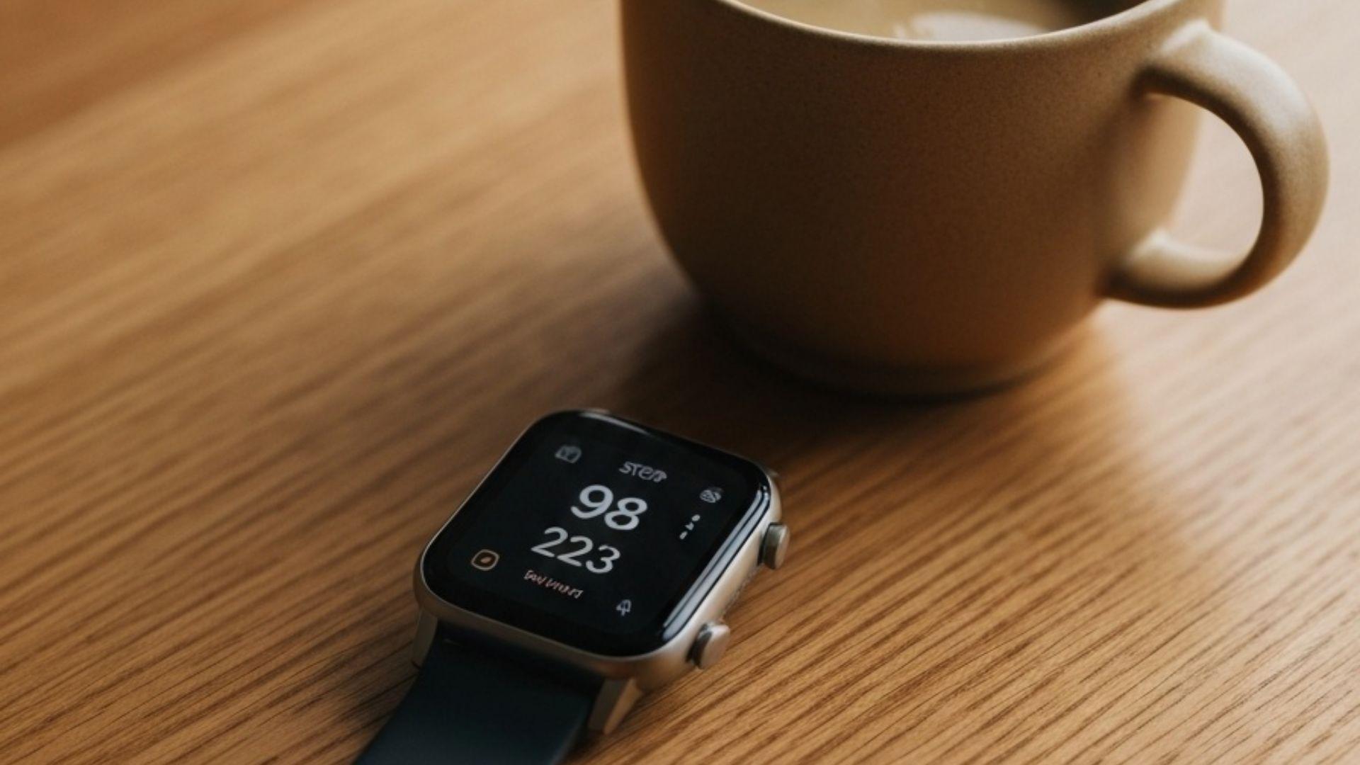 Smartwatch der viser dagens skridt på et trægulvbord ved morgenkaffen