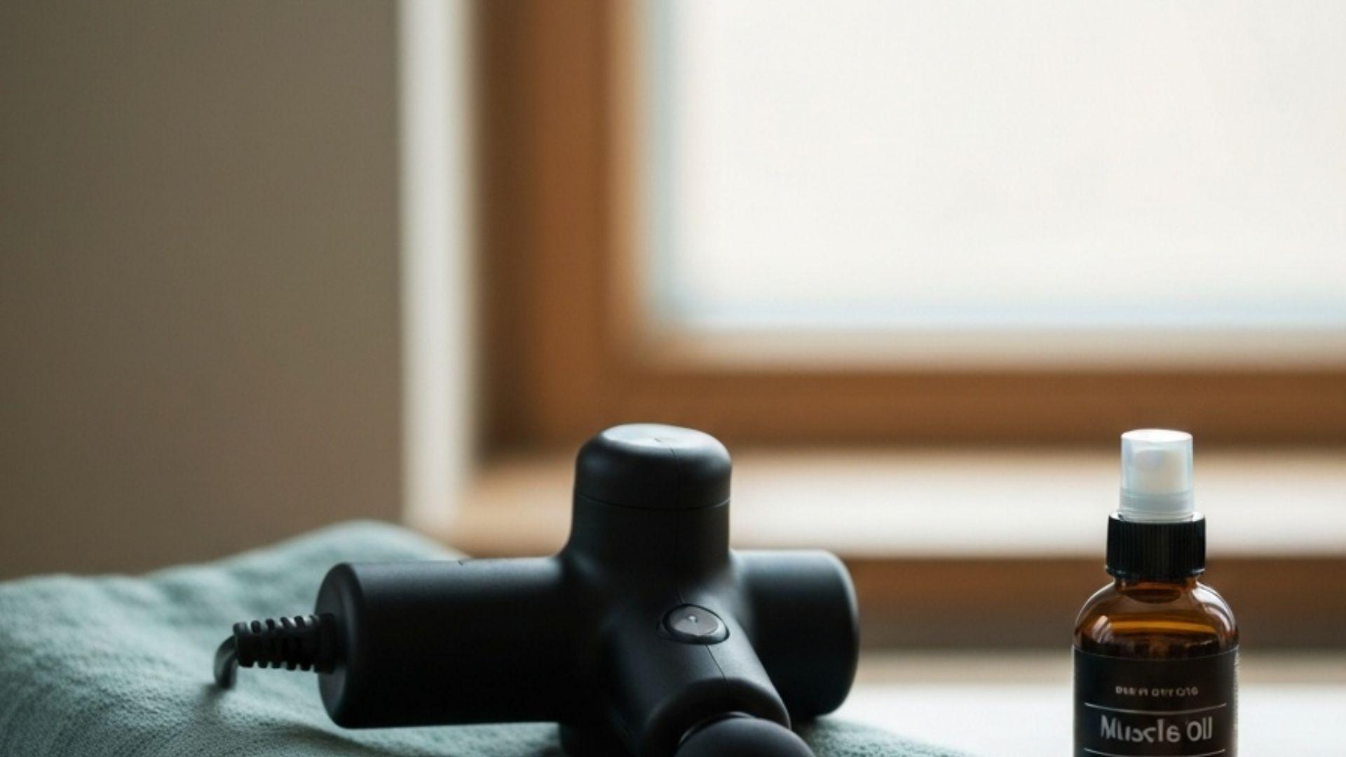 Massagepistol i nærbillede på et linnedhåndklæde ved siden af muskelolie