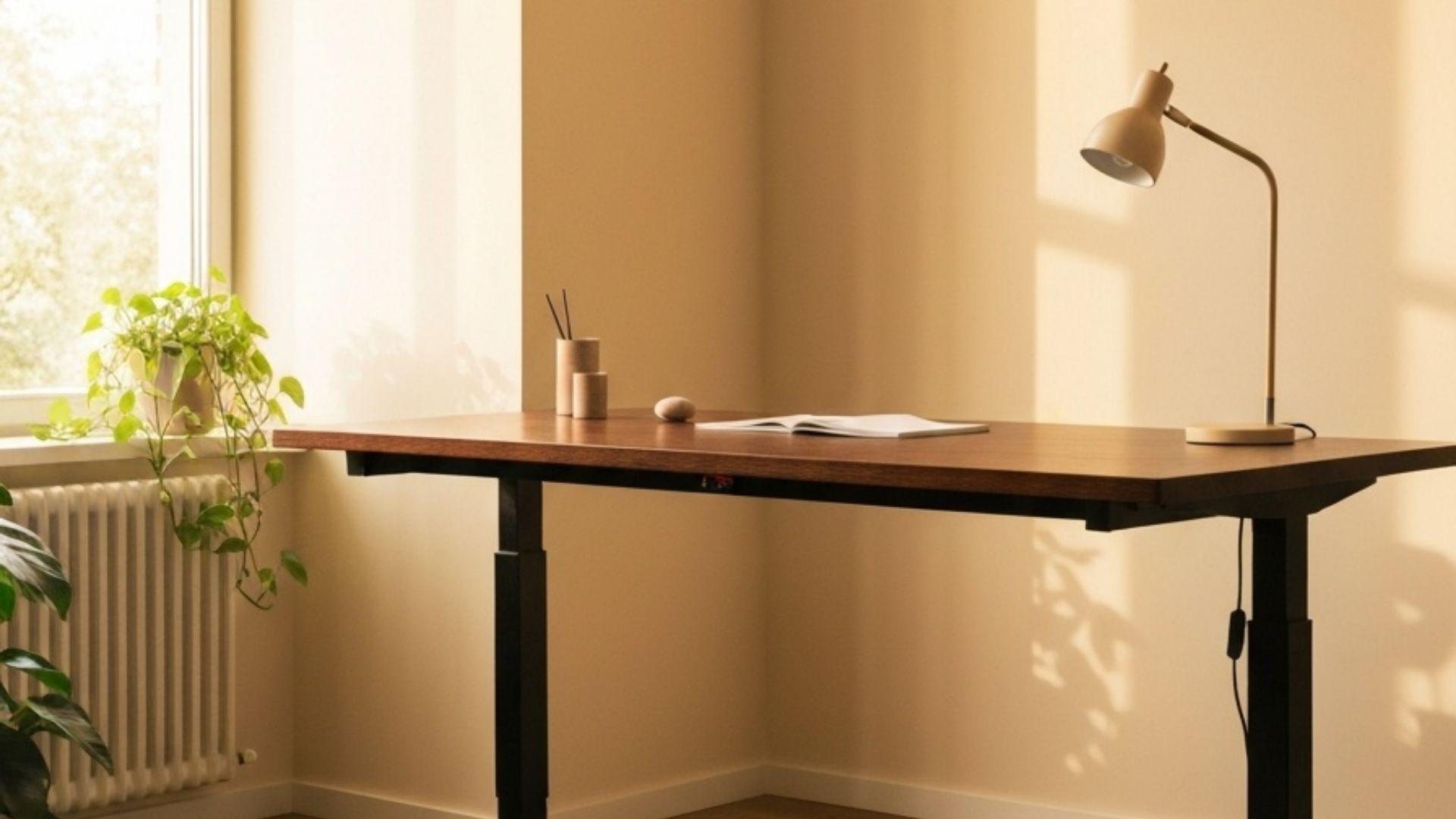 Walking pad under et lyst skrivebord — kontor med plads til at gå, mens du arbejder