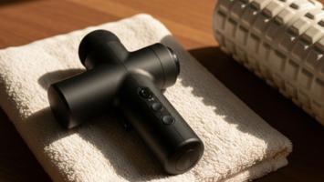 Massagepistol på et linnedhåndklæde ved siden af en foam roller