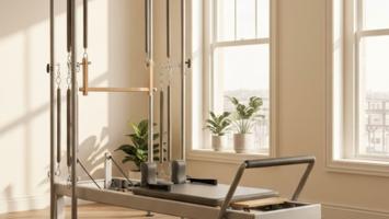 Pilates reformer i lyst minimalistisk studie med store vinduer