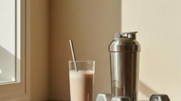 Proteinshake i glas på et trækøkken med shaker og håndvægt