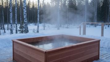 Træ-isbad på snedækket terrasse i blå morgen med opstigende damp