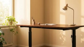 Walking pad under et lyst skrivebord — kontor med plads til at gå, mens du arbejder