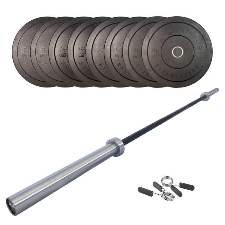 SQ&SN sort vægtstangssæt med bumper plates og olympisk konkurrencestang